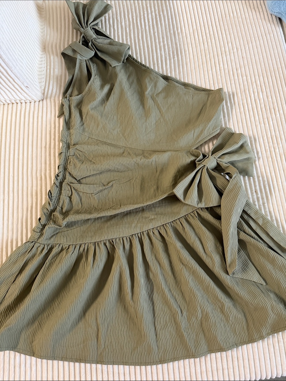 One-Shoulder Olive Green Ruffle Dress with Tie Straps